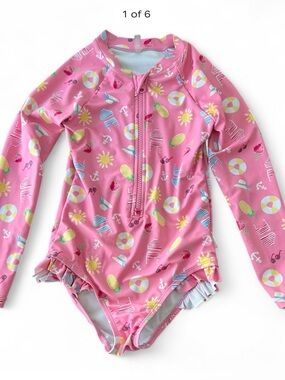 Seafolly Pink Girls' Long-Sleeve One-Piece Rashguard with Beach Print
